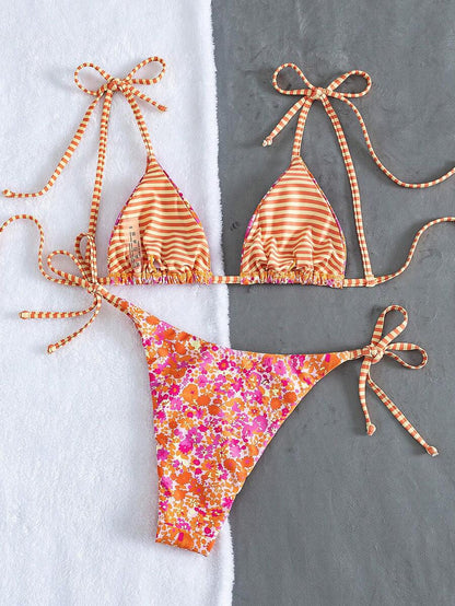 Womens Fashionable Sweet Shoulder Tie Side Bow Bikini Swimwear Removable Padded Two Piece Swimsuit Set