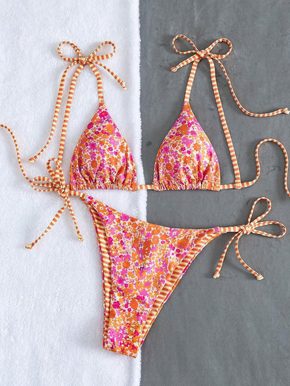 Womens Fashionable Sweet Shoulder Tie Side Bow Bikini Swimwear Removable Padded Two Piece Swimsuit Set