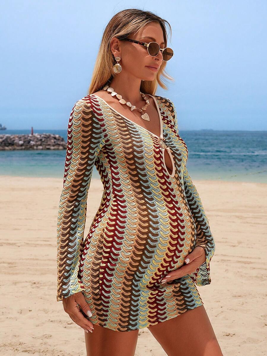 V-Neck Color Block Mesh Beach Cover Up Dress with Extra Long Sleeves and Lettuce Trim - Boho Long Knit Vacation Maxi Dress