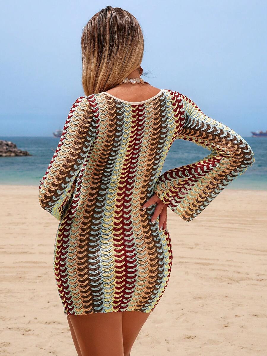V-Neck Color Block Mesh Beach Cover Up Dress with Extra Long Sleeves and Lettuce Trim - Boho Long Knit Vacation Maxi Dress