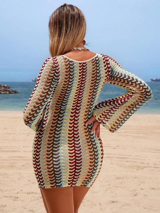 V-Neck Color Block Mesh Beach Cover Up Dress with Extra Long Sleeves and Lettuce Trim - Boho Long Knit Vacation Maxi Dress