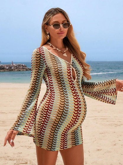 V-Neck Color Block Mesh Beach Cover Up Dress with Extra Long Sleeves and Lettuce Trim - Boho Long Knit Vacation Maxi Dress