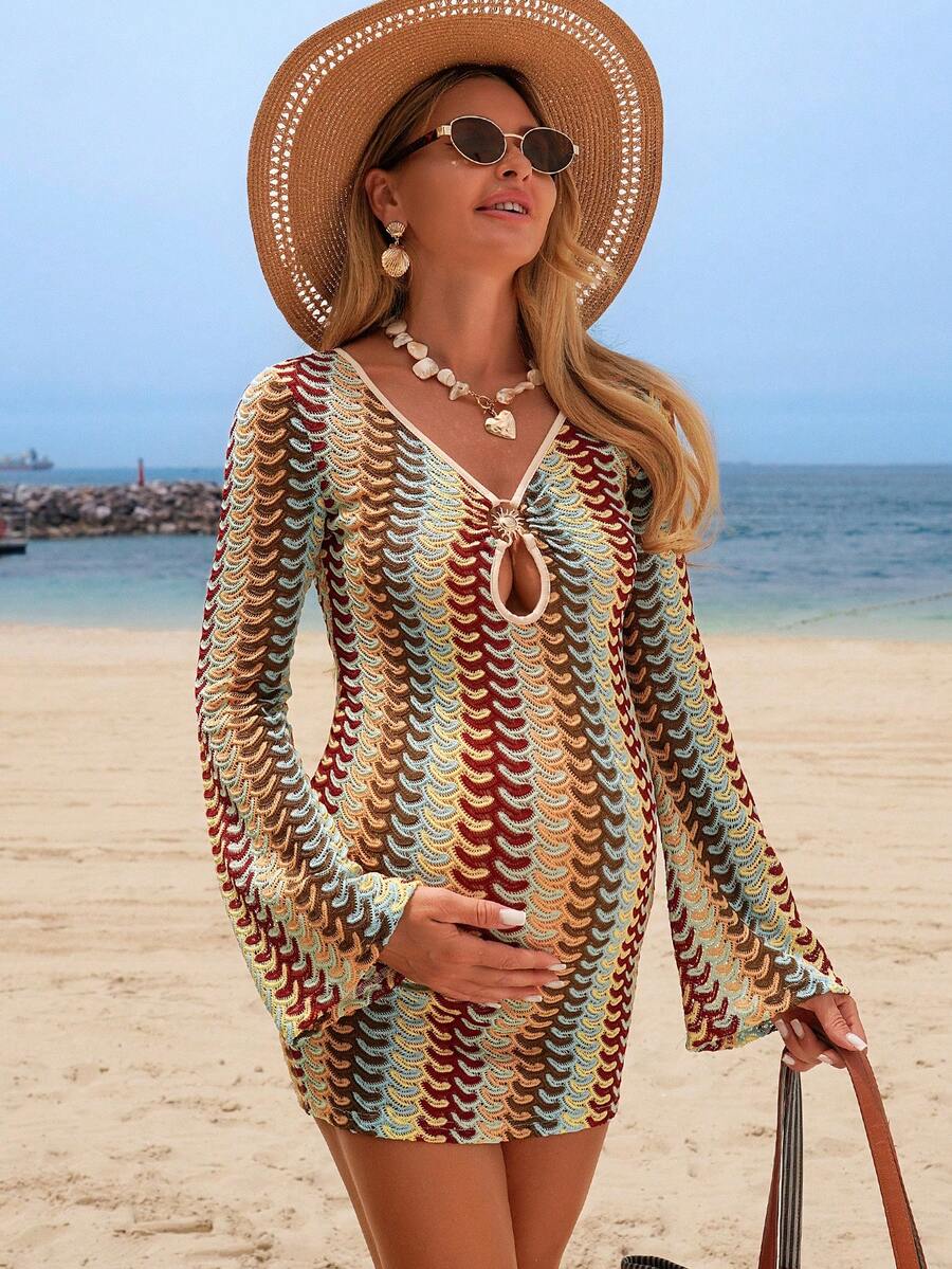 V-Neck Color Block Mesh Beach Cover Up Dress with Extra Long Sleeves and Lettuce Trim - Boho Long Knit Vacation Maxi Dress