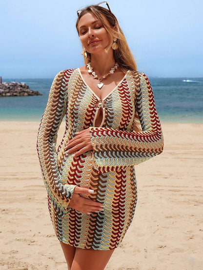 V-Neck Color Block Mesh Beach Cover Up Dress with Extra Long Sleeves and Lettuce Trim - Boho Long Knit Vacation Maxi Dress