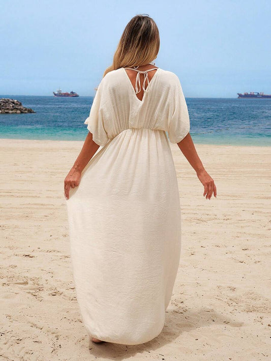 Multicolor Boho Maternity Cover-Up Dress - Sexy Deep V-Neck Knot Front Long Beach Dress - 2026SS New Arrival Tropical Plant Print Swimwear