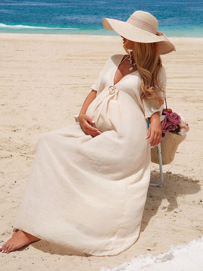Multicolor Boho Maternity Cover-Up Dress - Sexy Deep V-Neck Knot Front Long Beach Dress - 2026SS New Arrival Tropical Plant Print Swimwear