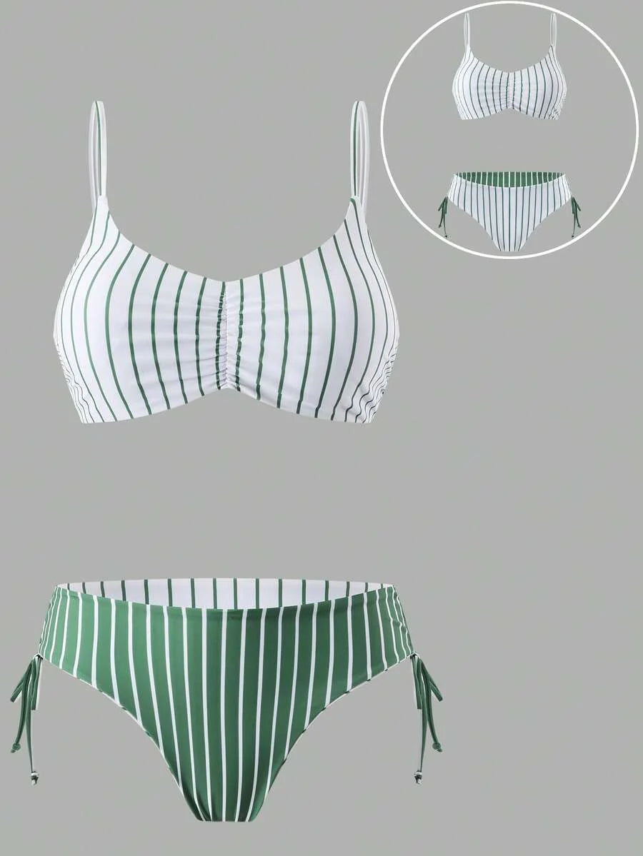 Swim Vcay Women's Vacation Beach Colorblock Striped Swimwear Set