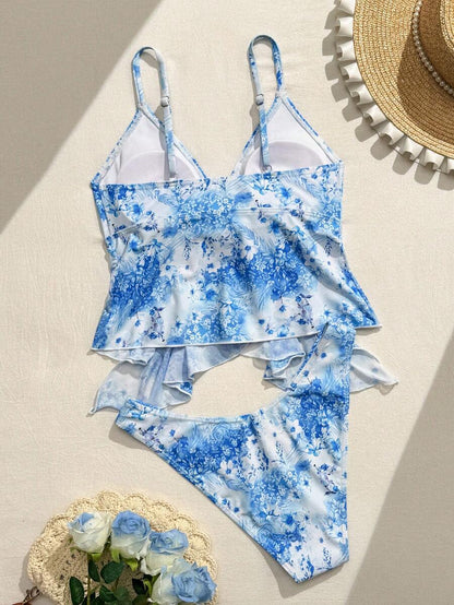 Women's 2-Piece Bikini Set - Asymmetrical Hem, Backless, Spaghetti Strap, Multicolor Print