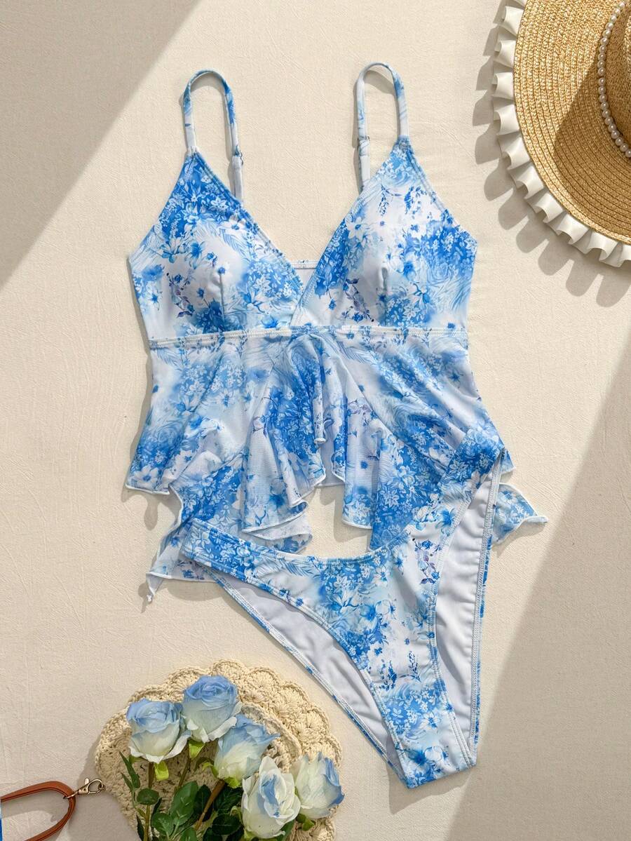 Women's 2-Piece Bikini Set - Asymmetrical Hem, Backless, Spaghetti Strap, Multicolor Print