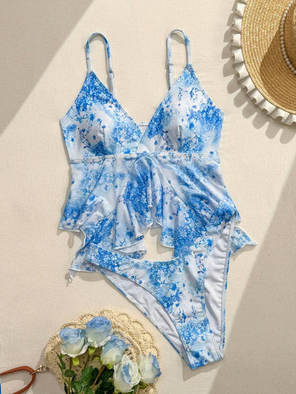 Women's 2-Piece Bikini Set - Asymmetrical Hem, Backless, Spaghetti Strap, Multicolor Print