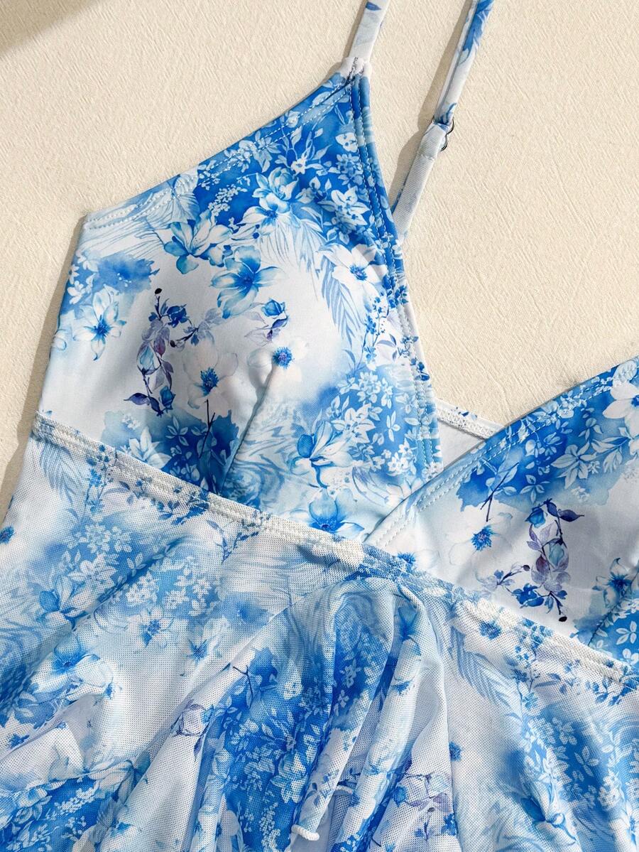 Women's 2-Piece Bikini Set - Asymmetrical Hem, Backless, Spaghetti Strap, Multicolor Print