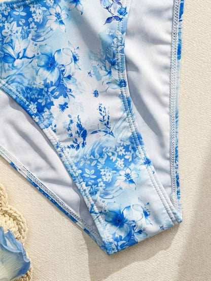 Women's 2-Piece Bikini Set - Asymmetrical Hem, Backless, Spaghetti Strap, Multicolor Print