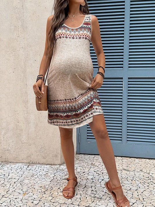 Khaki Geometric Print Maternity Summer Dress - Boho Scoop Neck Sleeveless Pinafore - Slim Fit Flounce Hem Beach Vacation Mini Dress