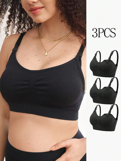 3PCS Maternity Nursing Bras Set Women Simple Solid Color Comfortable Breastfeeding Bra Set