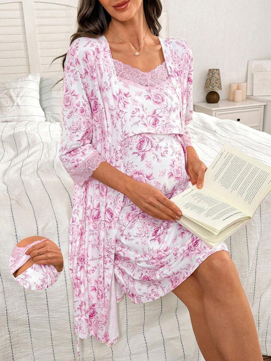 Maternity Floral Print Lace Trim Robe and Slip Dress Set Women All Season Nursing Sleepwear Loungewear Set