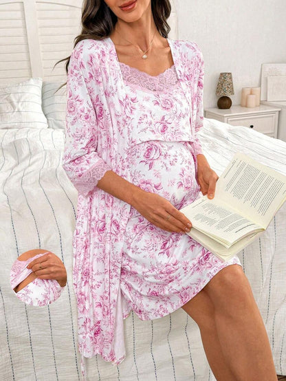Maternity Floral Print Lace Trim Robe and Slip Dress Set Women All Season Nursing Sleepwear Loungewear Set