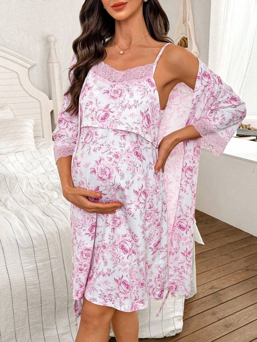 Maternity Floral Print Lace Trim Robe and Slip Dress Set Women All Season Nursing Sleepwear Loungewear Set