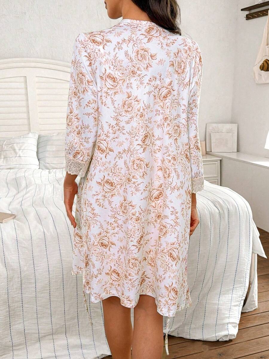 Maternity Floral Print Lace Trim Robe and Slip Dress Set Women All Season Nursing Sleepwear Loungewear Set