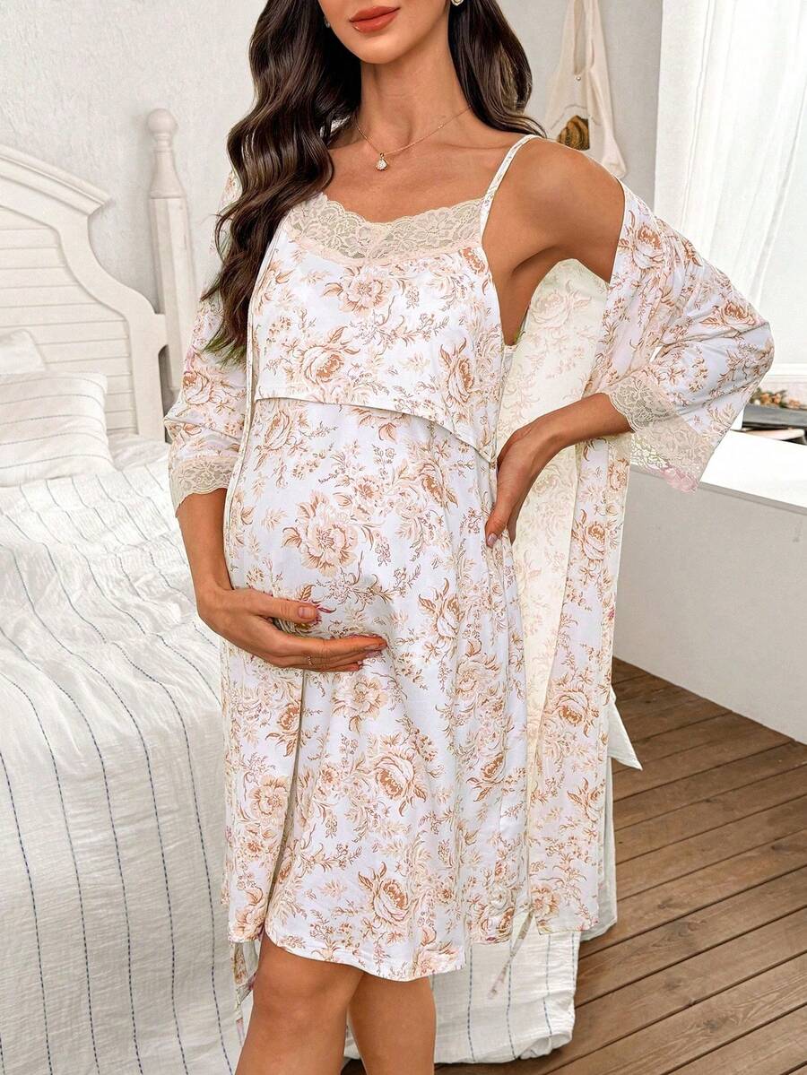 Maternity Floral Print Lace Trim Robe and Slip Dress Set Women All Season Nursing Sleepwear Loungewear Set