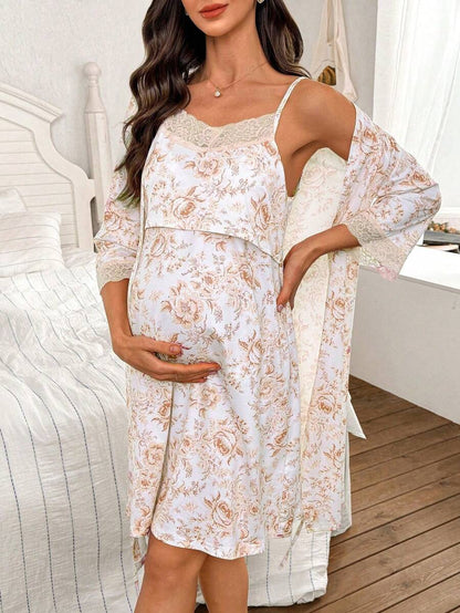 Maternity Floral Print Lace Trim Robe and Slip Dress Set Women All Season Nursing Sleepwear Loungewear Set