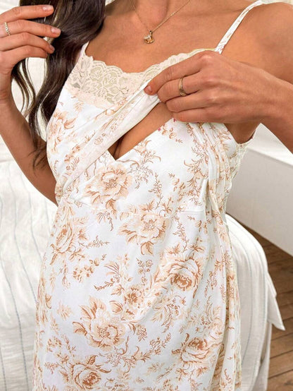 Maternity Floral Print Lace Trim Robe and Slip Dress Set Women All Season Nursing Sleepwear Loungewear Set