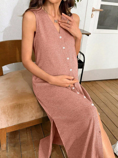 Khaki Knitted Ribbed Maternity Sleep Dress Sleeveless Button Up Long Nightgown with Side Slit for Daily Comfortable Loungewear