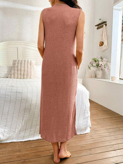 Khaki Knitted Ribbed Maternity Sleep Dress Sleeveless Button Up Long Nightgown with Side Slit for Daily Comfortable Loungewear