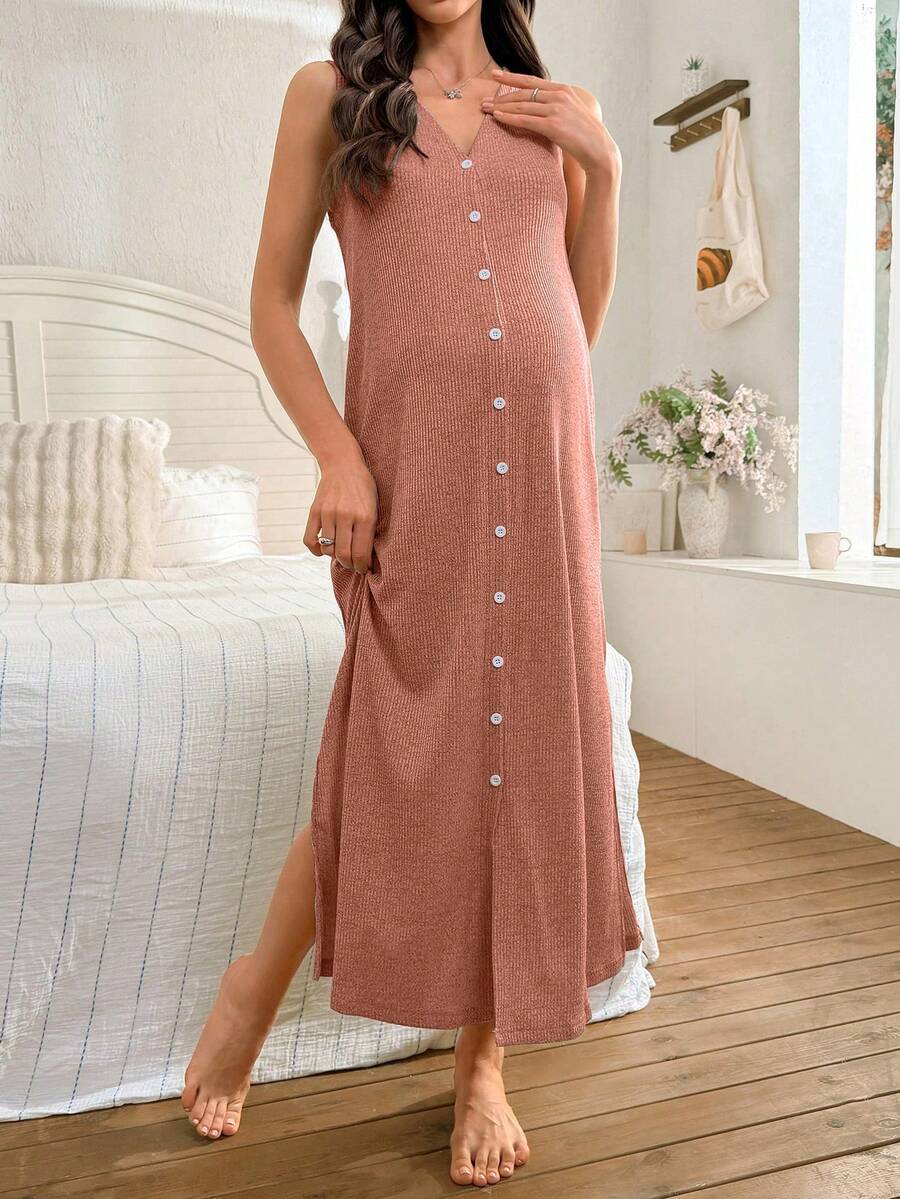 Khaki Knitted Ribbed Maternity Sleep Dress Sleeveless Button Up Long Nightgown with Side Slit for Daily Comfortable Loungewear