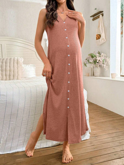 Khaki Knitted Ribbed Maternity Sleep Dress Sleeveless Button Up Long Nightgown with Side Slit for Daily Comfortable Loungewear