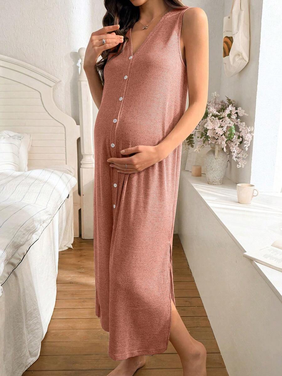 Khaki Knitted Ribbed Maternity Sleep Dress Sleeveless Button Up Long Nightgown with Side Slit for Daily Comfortable Loungewear