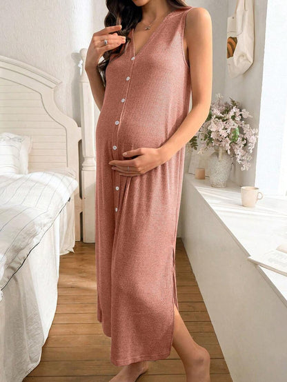 Khaki Knitted Ribbed Maternity Sleep Dress Sleeveless Button Up Long Nightgown with Side Slit for Daily Comfortable Loungewear