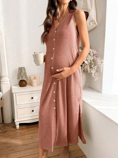 Khaki Knitted Ribbed Maternity Sleep Dress Sleeveless Button Up Long Nightgown with Side Slit for Daily Comfortable Loungewear