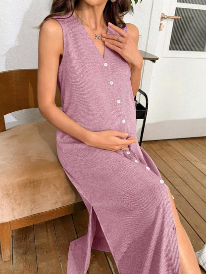 Khaki Knitted Ribbed Maternity Sleep Dress Sleeveless Button Up Long Nightgown with Side Slit for Daily Comfortable Loungewear