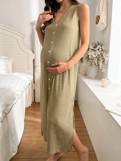 Khaki Knitted Ribbed Maternity Sleep Dress Sleeveless Button Up Long Nightgown with Side Slit for Daily Comfortable Loungewear