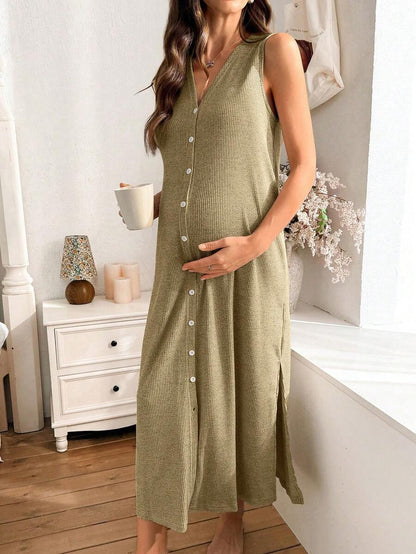 Khaki Knitted Ribbed Maternity Sleep Dress Sleeveless Button Up Long Nightgown with Side Slit for Daily Comfortable Loungewear