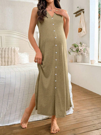 Khaki Knitted Ribbed Maternity Sleep Dress Sleeveless Button Up Long Nightgown with Side Slit for Daily Comfortable Loungewear