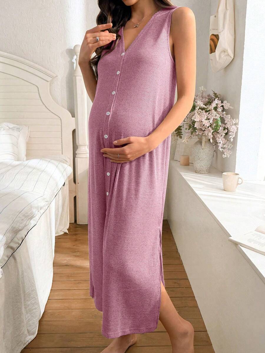 Khaki Knitted Ribbed Maternity Sleep Dress Sleeveless Button Up Long Nightgown with Side Slit for Daily Comfortable Loungewear