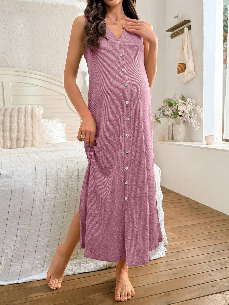 Khaki Knitted Ribbed Maternity Sleep Dress Sleeveless Button Up Long Nightgown with Side Slit for Daily Comfortable Loungewear