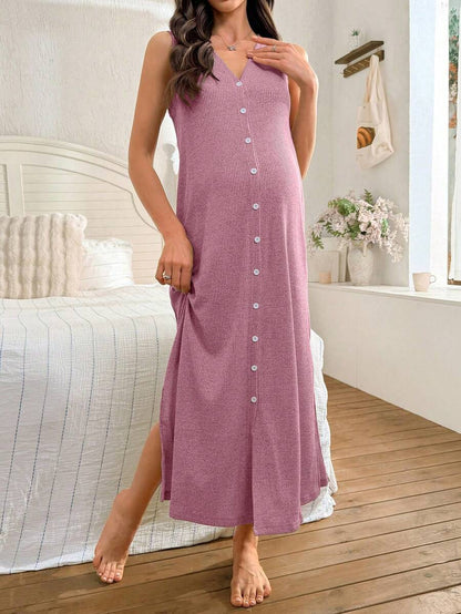 Khaki Knitted Ribbed Maternity Sleep Dress Sleeveless Button Up Long Nightgown with Side Slit for Daily Comfortable Loungewear