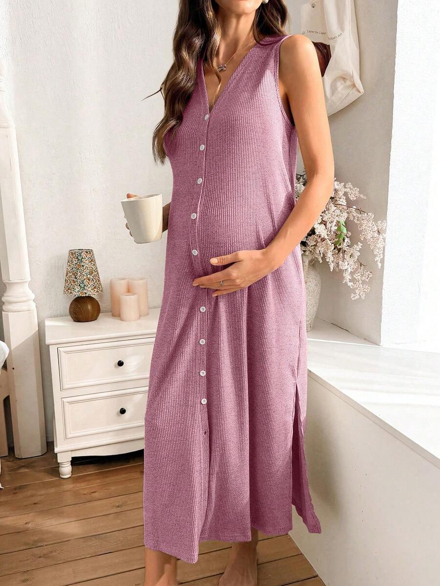 Khaki Knitted Ribbed Maternity Sleep Dress Sleeveless Button Up Long Nightgown with Side Slit for Daily Comfortable Loungewear