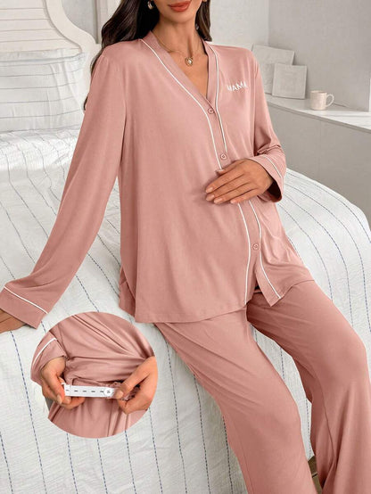 Burgundy Contrast Trim V-Neck Robe and Letter Embroidery Pants Maternity Lounge Set - 2 Piece Cozy Fall and Winter Sleepwear Set