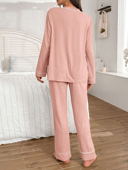 Burgundy Contrast Trim V-Neck Robe and Letter Embroidery Pants Maternity Lounge Set - 2 Piece Cozy Fall and Winter Sleepwear Set