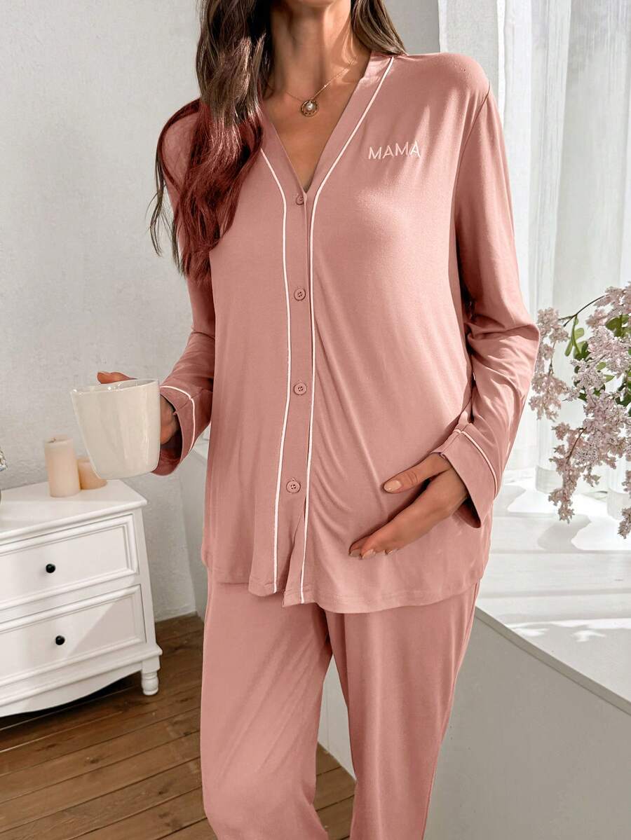 Burgundy Contrast Trim V-Neck Robe and Letter Embroidery Pants Maternity Lounge Set - 2 Piece Cozy Fall and Winter Sleepwear Set