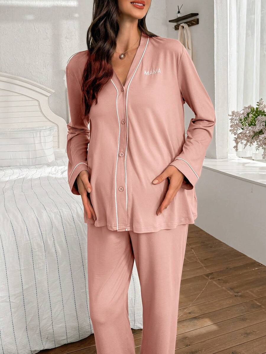 Burgundy Contrast Trim V-Neck Robe and Letter Embroidery Pants Maternity Lounge Set - 2 Piece Cozy Fall and Winter Sleepwear Set