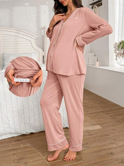 Burgundy Contrast Trim V-Neck Robe and Letter Embroidery Pants Maternity Lounge Set - 2 Piece Cozy Fall and Winter Sleepwear Set