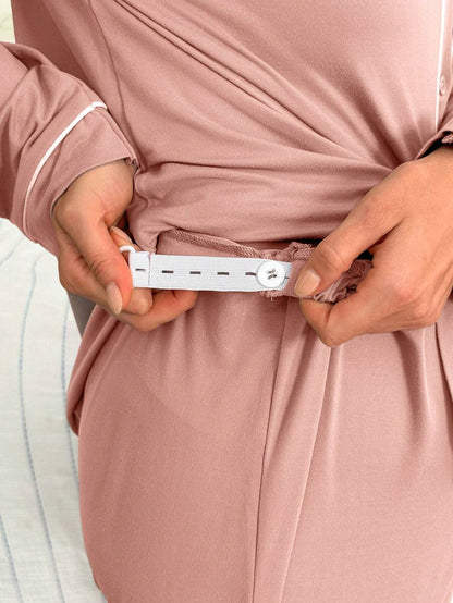 Burgundy Contrast Trim V-Neck Robe and Letter Embroidery Pants Maternity Lounge Set - 2 Piece Cozy Fall and Winter Sleepwear Set