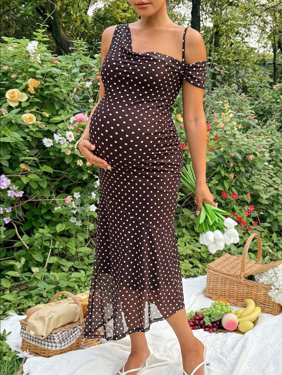 Maternity Polka Dot Print Asymmetric Neck Fitted Dress