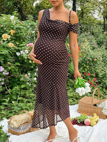 Maternity Polka Dot Print Asymmetric Neck Fitted Dress