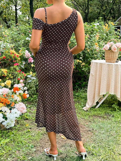 Maternity Polka Dot Print Asymmetric Neck Fitted Dress