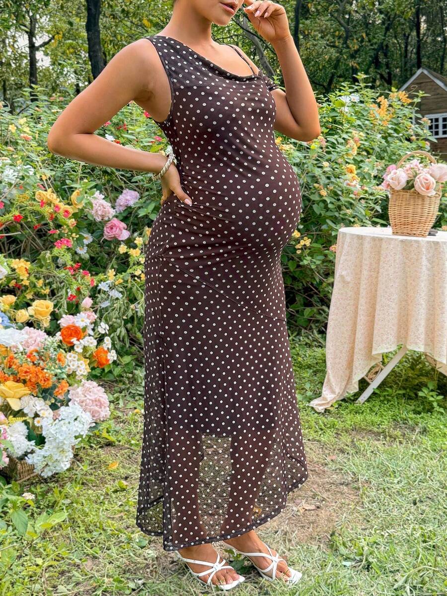 Maternity Polka Dot Print Asymmetric Neck Fitted Dress